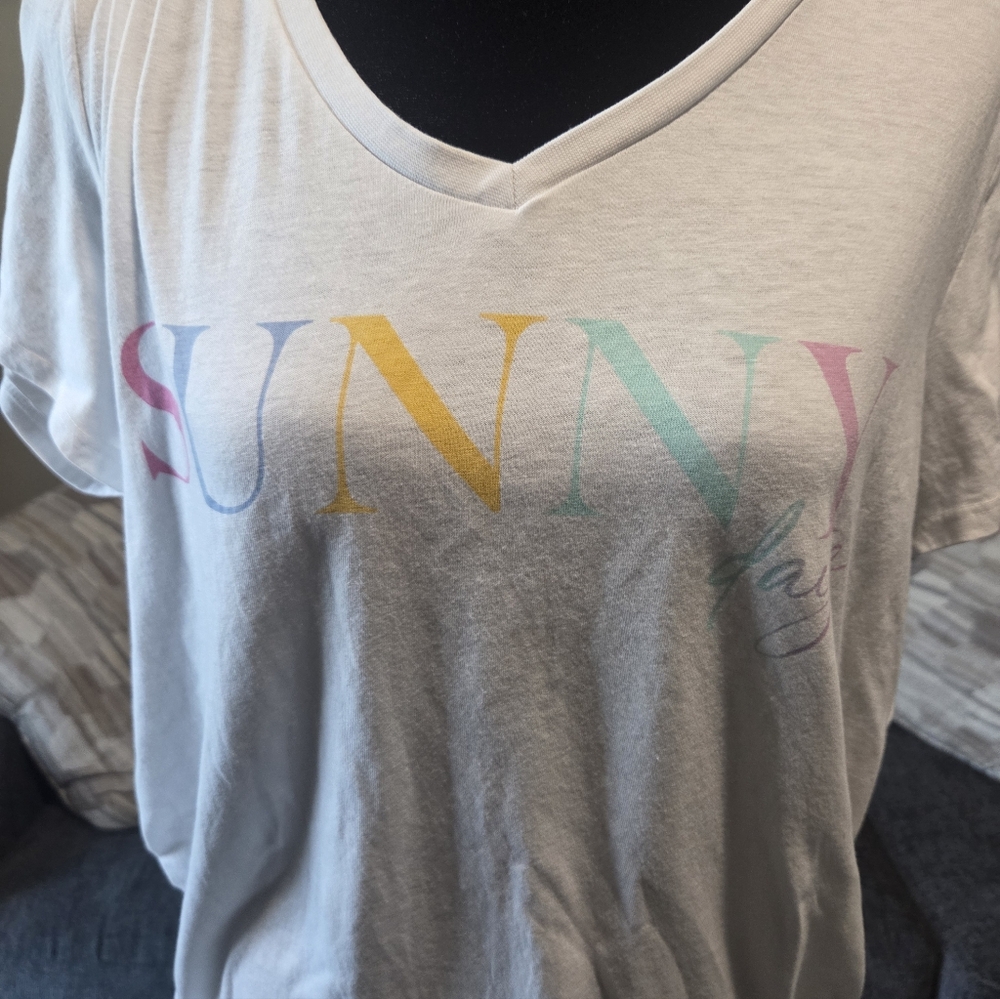White V-Neck T-Shirt with Colorful 'Sunny' Print